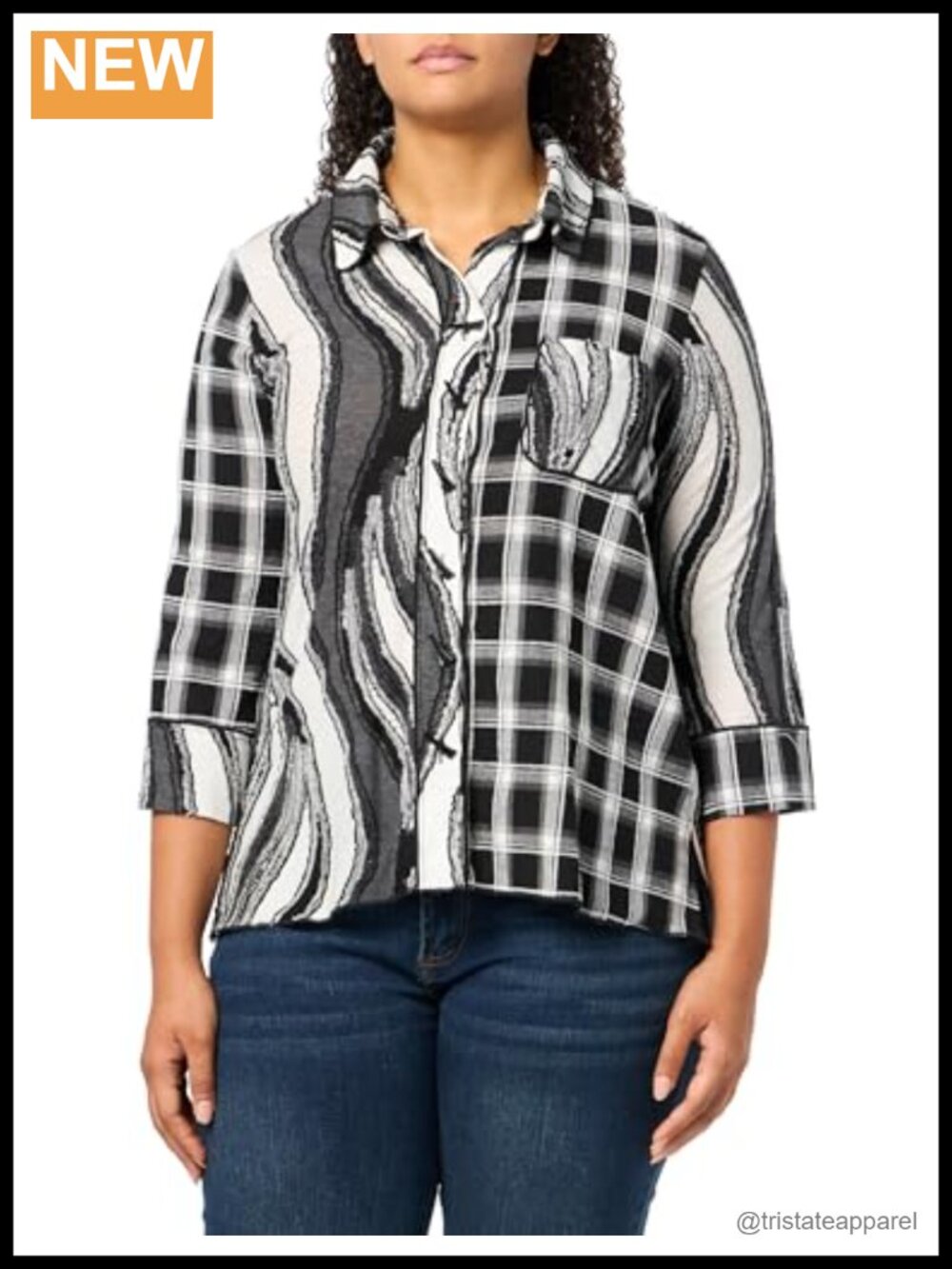 Women's Mixed Knit Button Front Long Sleeve Blouse